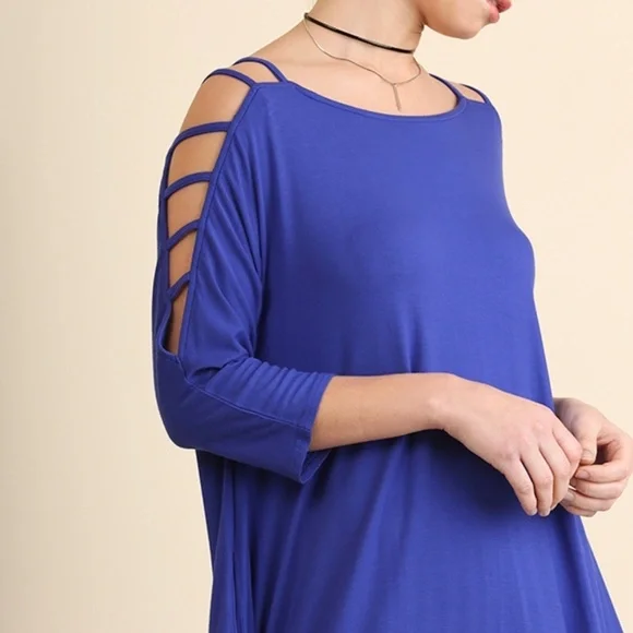 Umgee Blue Cutout Sleeve BOHO Mini Dress with Pockets NWT - Picture 2 of 2